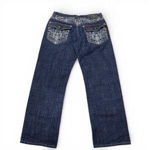 Delf Baggy Wide Leg Embroidered Jeans Dark Wash Indigo Mens 38x32 Y2K Streetwear